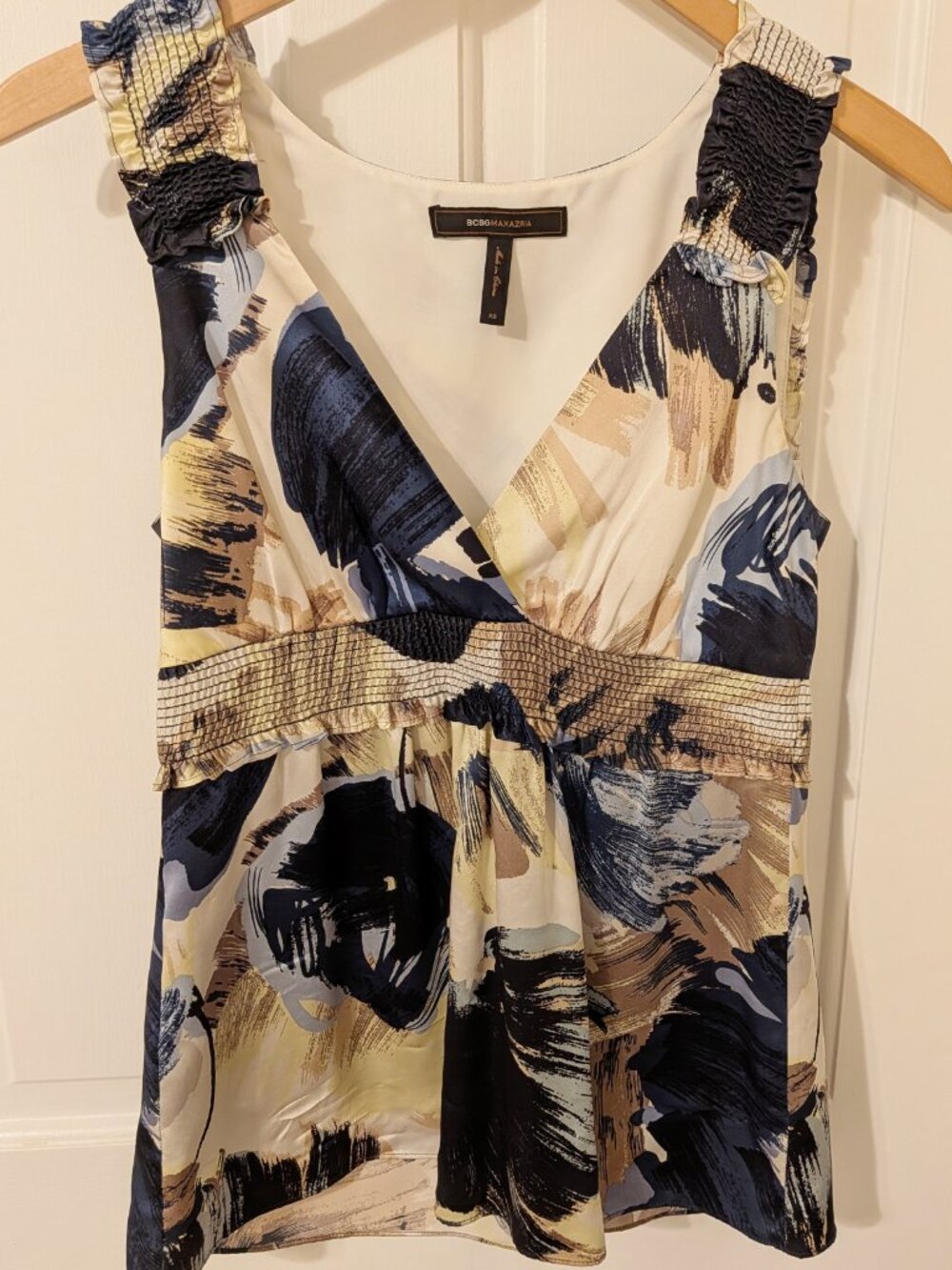 BCBG Max Azria 100% Silk Abstract Floral Empire Waist Top Size XS